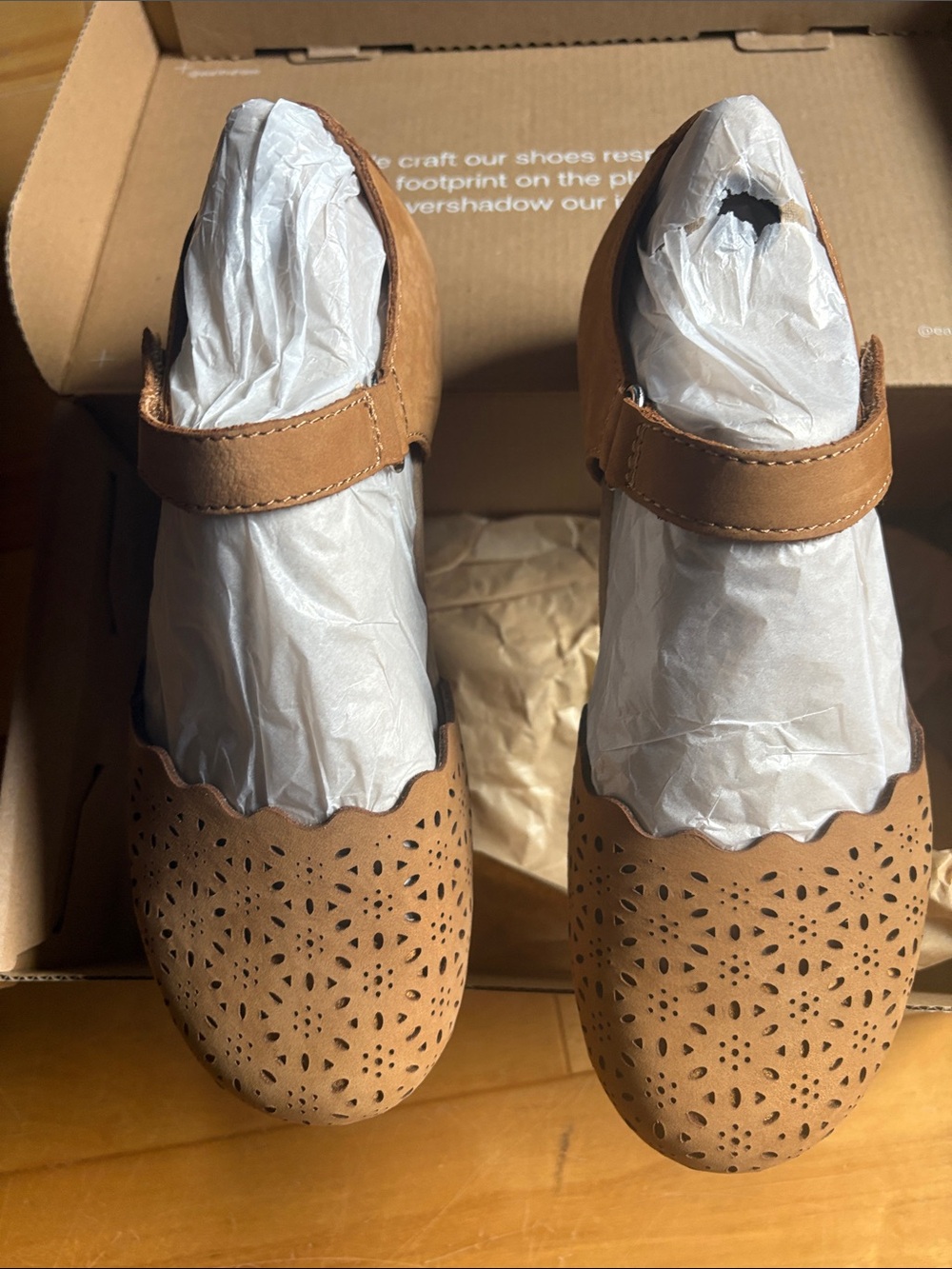 Earth Cognac Perforated Mary Jane Flats with Scalloped Trim